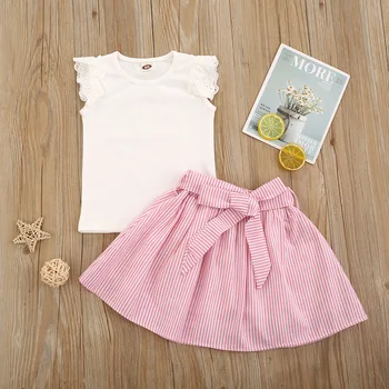 

2020 Summer Girls' Sets Solid Color Top and Striped Skirt