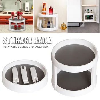 

Plastic Round Two Tier Turntable Desktop Organizer Display Stand for Kitchen Pantry Bedroom @LS