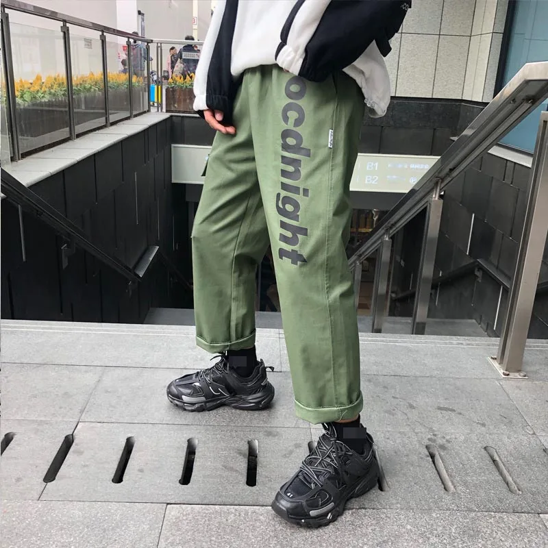 

Cargo Side Letter Printed Pants Vintage Sportwear 2019 Elastic Waist side Pockets Joggers Pants Male Korean Fashion Sweatpants