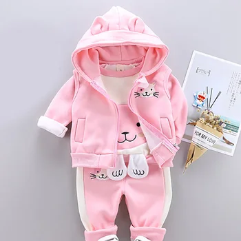 

2020 New Children Autumn Fashion Casual Clothing Sets Boys 3PCS Coats with Hat Cartoon Sweatshirt + Pants Girls Cartoon Suits