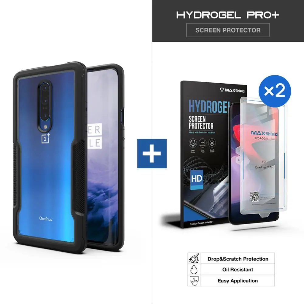 Black with SP Maxshield для One Plus 7 Pro чехол противоударный Премиум гибридный защитный ТПУ бампер с прозрачной задней панелью+ Защитная пленка для экрана - Цвет: Black with SP