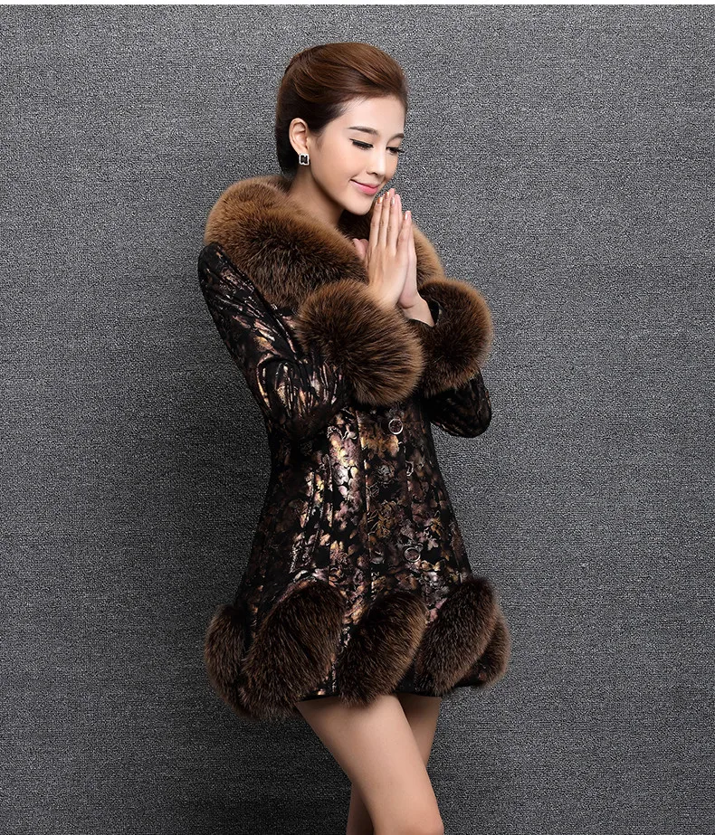 multi-color leather printed leather down jacket female long section fox fur sheep skin Slim autumn and winter new style