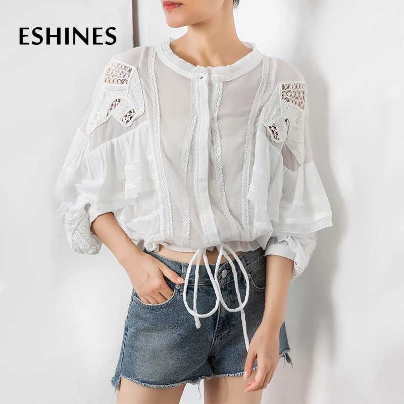 

ESHINES High End Designer Women Short Blouse Autumn White Embroidered Hollow Out Lantern Sleeve Patchwork Ruffles Lace Up Shirt