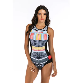 

2020 New Sexy Stripped Patchwork Swimwear Women One Piece Suit High Neck Swimsuit S-2XL Girl Front Zipper Belly Covered Bodysuit