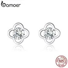 Bamoer, блестящие серьги-гвоздики с цветком сакуры для женщин, яркие, прозрачные, CZ, 925 пробы, серебряные, эффектные Свадебные ювелирные изделия BSE189