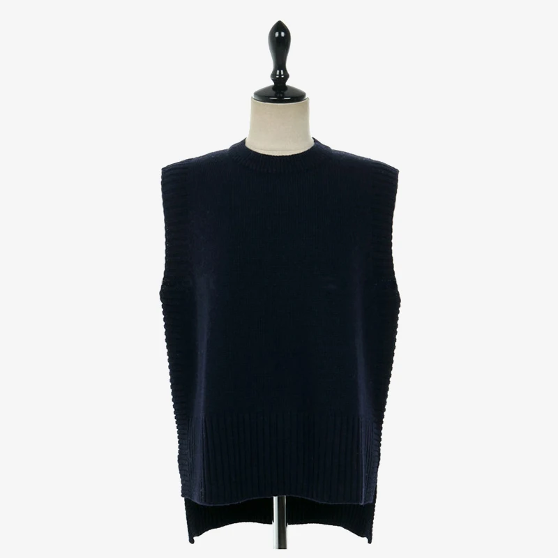navy blue Женский вязаный жилет без рукавов с круглым вырезом, однотонный шерстяной свитер с разрезом для женщин,, весна-осень, модные повседневные свободные свитера, жилет - Цвет: navy blue