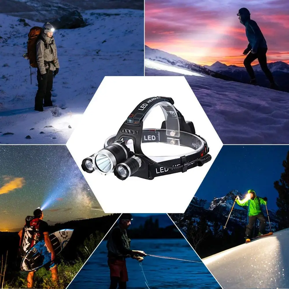 Rechargeable Headlight with 3 Lights 4 Modes, 6000 Lumen Super Bright LED Lamp, Hands-Free Flashlight Head Torch for Running, Ca