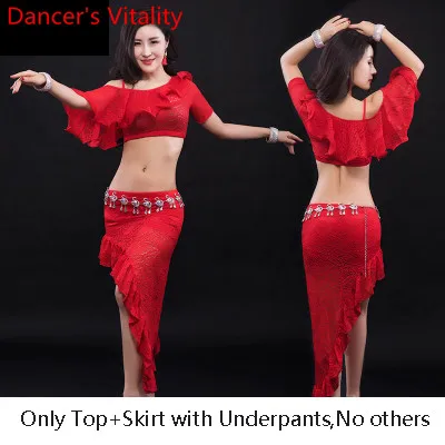 Top Skirt as Photo Женская одежда для танца живота, летний кружевной топ, короткая юбка, тренировочный комплект, индийский Восточный танец, одежда для начинающих, сценическая одежда - Цвет: Top Skirt as Photo