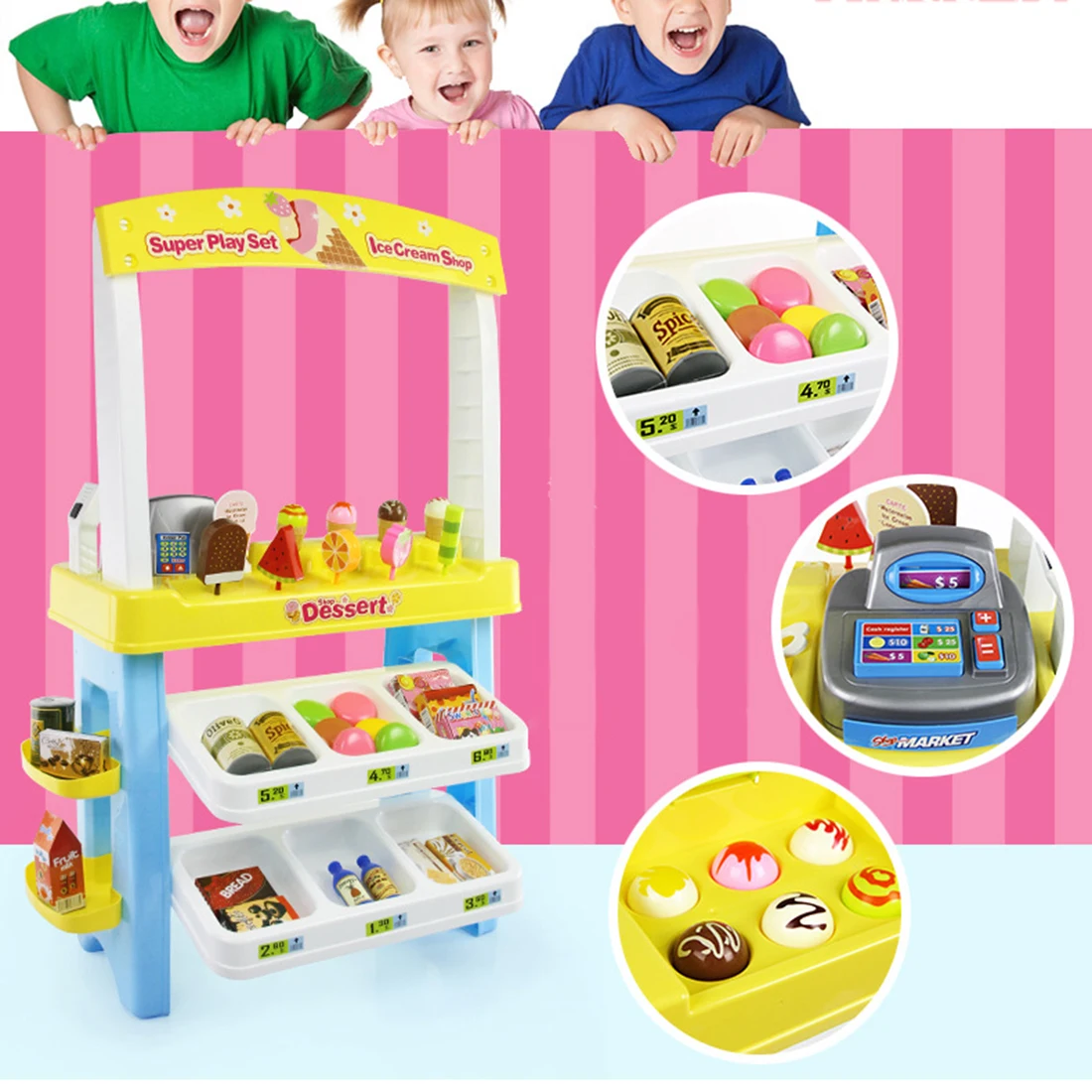 47pcs Дети моделирование супер рынок Playset Многофункциональный рынок стойло кассовый аппарат Игрушка обучающая игрушка подарок-желтый розовый