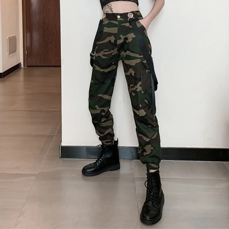 Camouflage Женские подтяжки, военные камуфляжные штаны, женские армейские спортивные штаны с высокой талией, свободные камуфляжные штаны, брюки, хип-хоп уличные джоггеры - Цвет: Camouflage