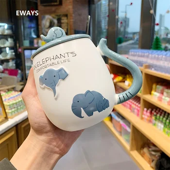 

EWAYS INS Nordic Ceramic Mug Lovers Gift Breakfast Cup With Lid with Spoon Simple Elephant Pattern Coffee Mug