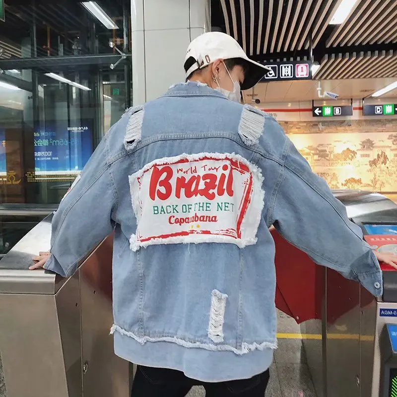 

Harajuku Wind Cool Applique BF Jeans Coat Men's Autumn And Winter Korean-style Trend Students Handsome with Holes Jacket Loose-F