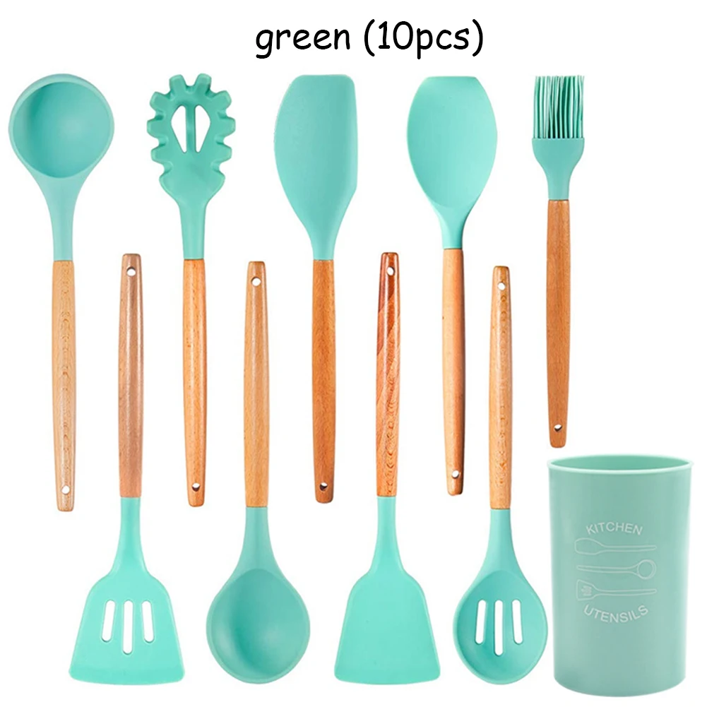Light Green 10Pcs 9/10/12 Pcs Silicone Cooking Tools Kitchen Utensils Set Bamboo Handles Cooking Tool None Toxic Kitchen Gadgets Nonstick Cookware - Цвет: Light Green 10Pcs