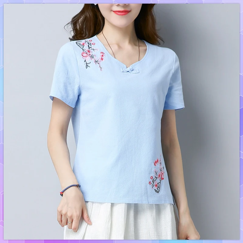 

4XL Plus Size Floral Embroidery T Shirt Women's Cotton And Linen Tee Shirt 2021 Summer Chinese Loose Top Femme Vintage Blusas