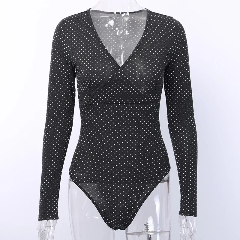 Боди в горошек с длинным рукавом, сексуальный комбинезон с v-образным вырезом, черный элегантный короткий комбинезон из чистого хлопка, женская одежда