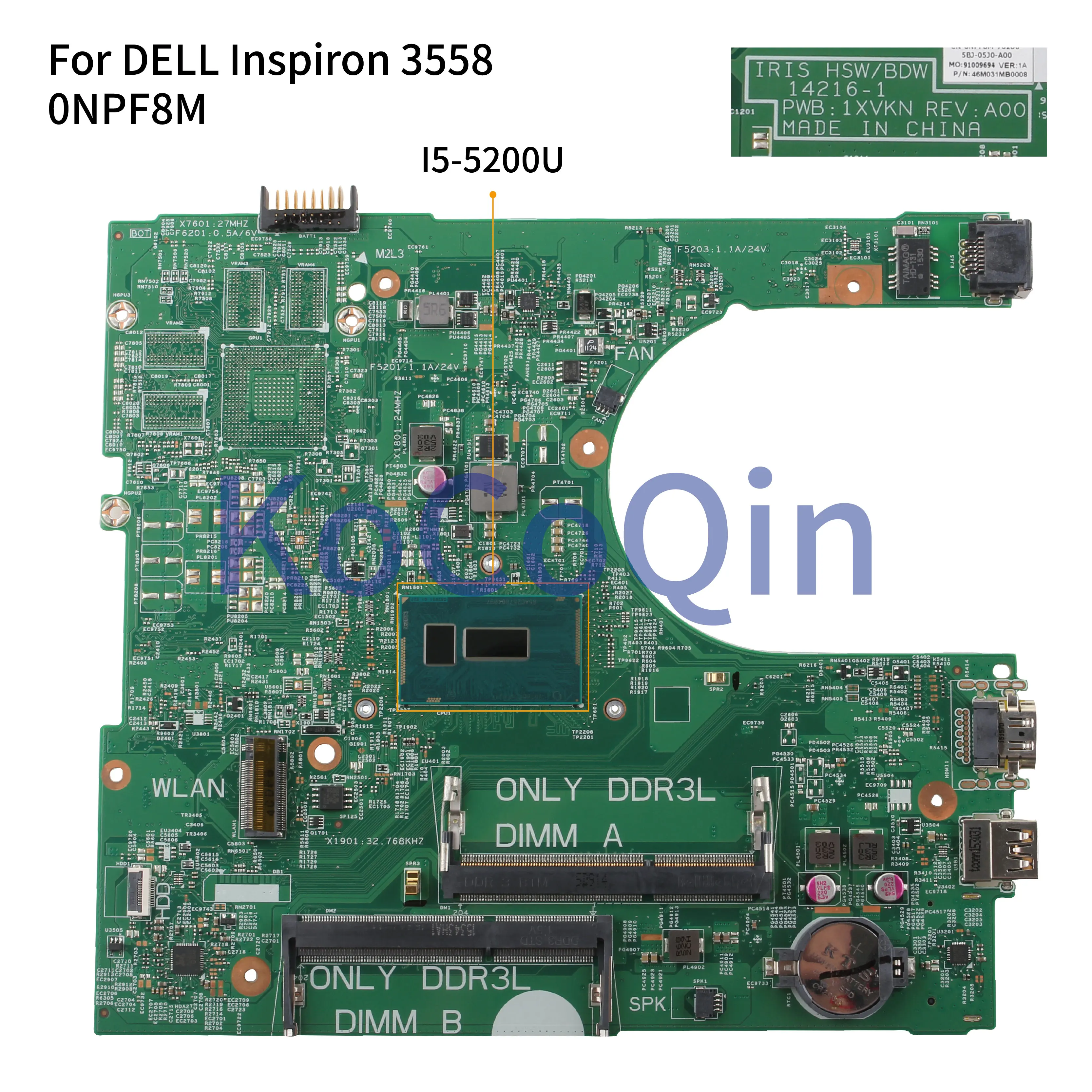Very best  KoCoQin Laptop motherboard For DELL Inspiron 3458 3558 Core I5-5200U Mainboard 0NPF8M CN-0NPF8M 142