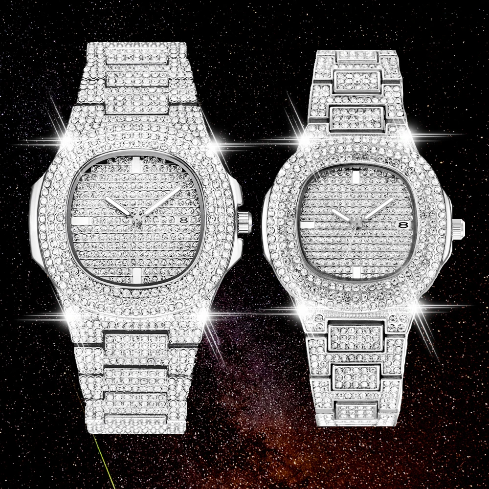 Mens Watches Diamond Iced-Out Clock Women New Free Quartz for Female Hip-Hop Femme