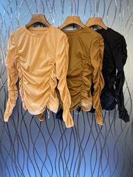 

2020 Autumn and Winter new women's round neck irregular wrinkle twist drawstring long sleeve solid color Joker shirt 911