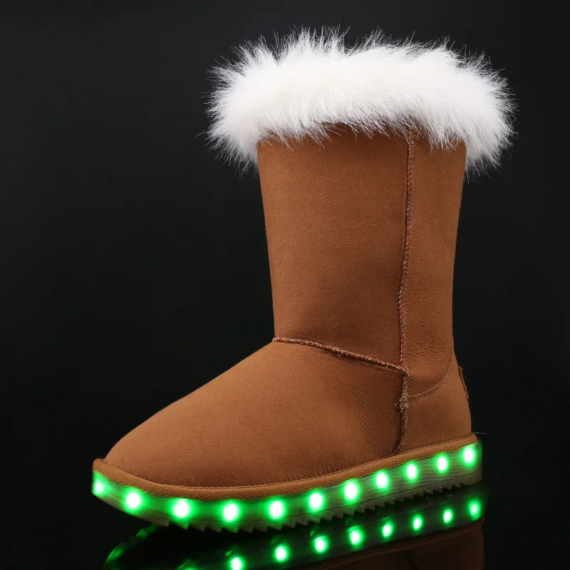 Brown JawayKids/ г. Зимние ботинки для мальчиков, девочек и женщин, зарядка от USB, светодиодный свет, обувь теплые меховые высокие детские зимние ботинки - Цвет: Brown