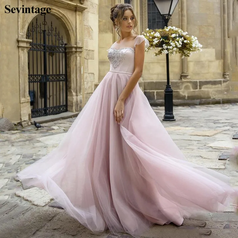 

Sevintage Illusion Scoop Tulle Long Prom Dresses Sleeveless Appliqued Beaded Formal Evening Dress Custom Made Pageant Gowns 2020