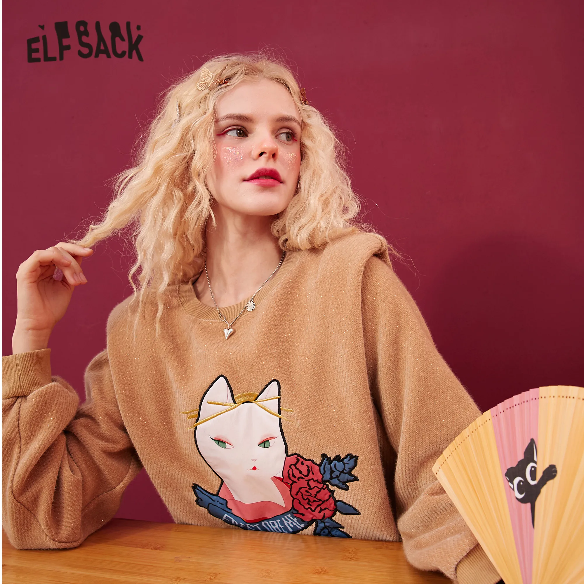 ELFSACK Japanese Cat Print Casual Pullover Sweatshirt Women,2020 Winter