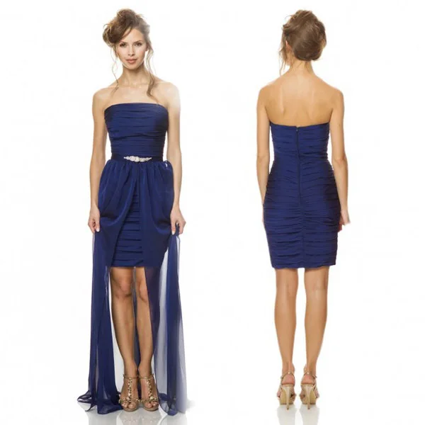 

Simple Cheap Strapless Short Frong Long Back High Low Mermaid Royal Blue prom gown With Detachable Train Bridesmaid Dresses