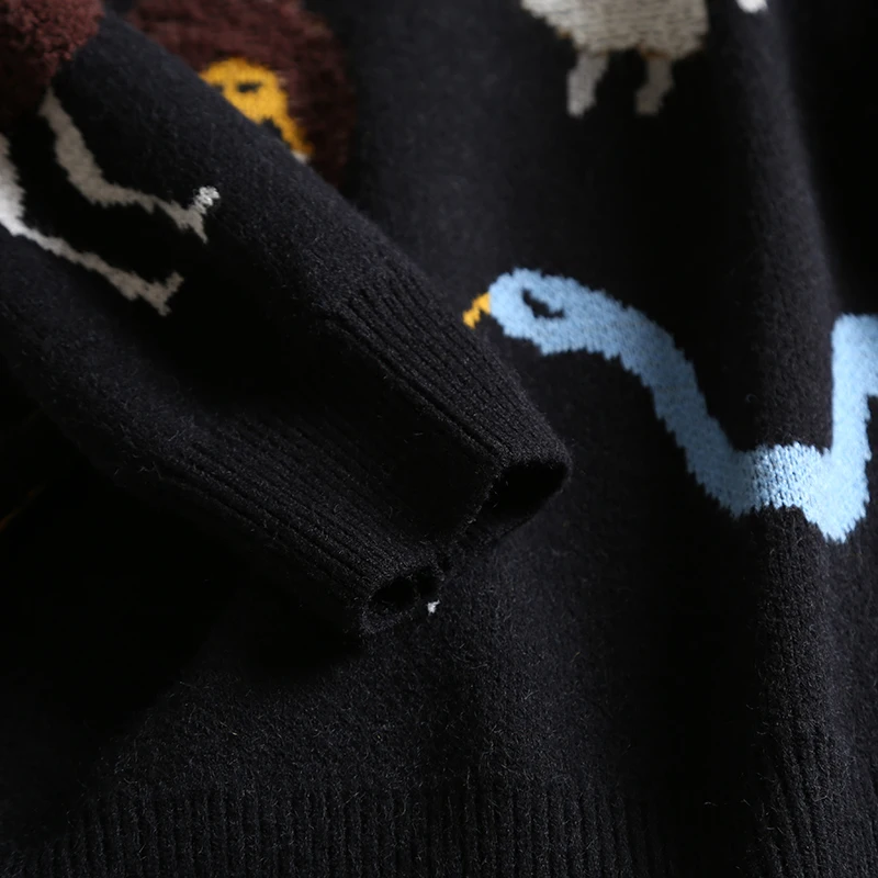 Вязаный свитер женский джемпер зима Модный повседневный Толстый Пуловер с круглым вырезом и мультяшным принтом модный вязаный черный топ