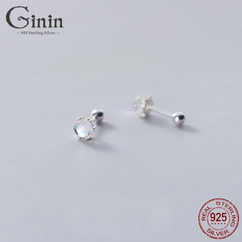 

Ginin Glossy Moonstone Small Stud Earrings 925 Sterling Silver for Women Korean Style 2021 Trendy Round Small Beads Ear Jewelry