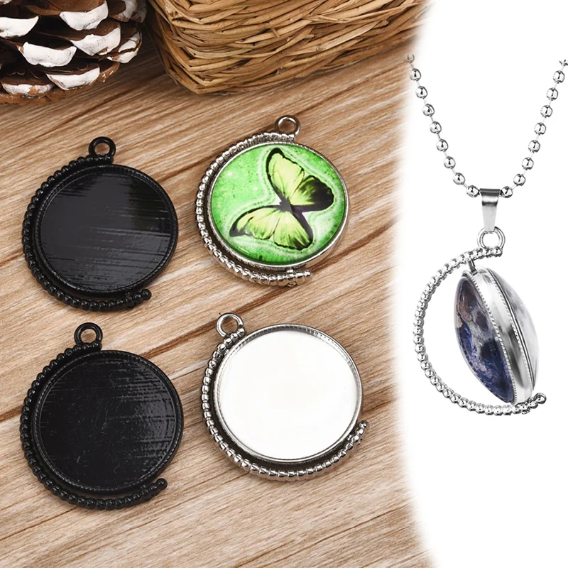 

10Pcs/lot Zinc Alloy Rotatable Double Sided Round Pendant Cabochon Setting 25mm Bezel Plated Jewelry Making Necklace Component