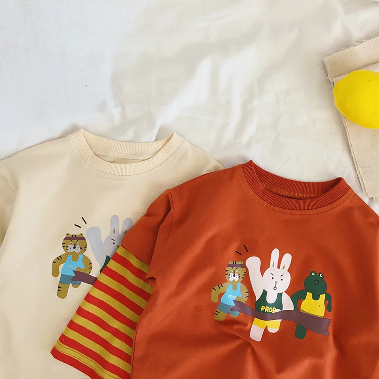 Полосатые футболки в стиле пэчворк для детей ясельного возраста г., Осенние футболки с рисунком для маленьких мальчиков и девочек, милые повседневные топы