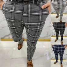 

Men's Large Plaid Stripes Colorblock Casual Pants Smart Business Button Ankle Length Slim Skinny Men Long Pants Trousers