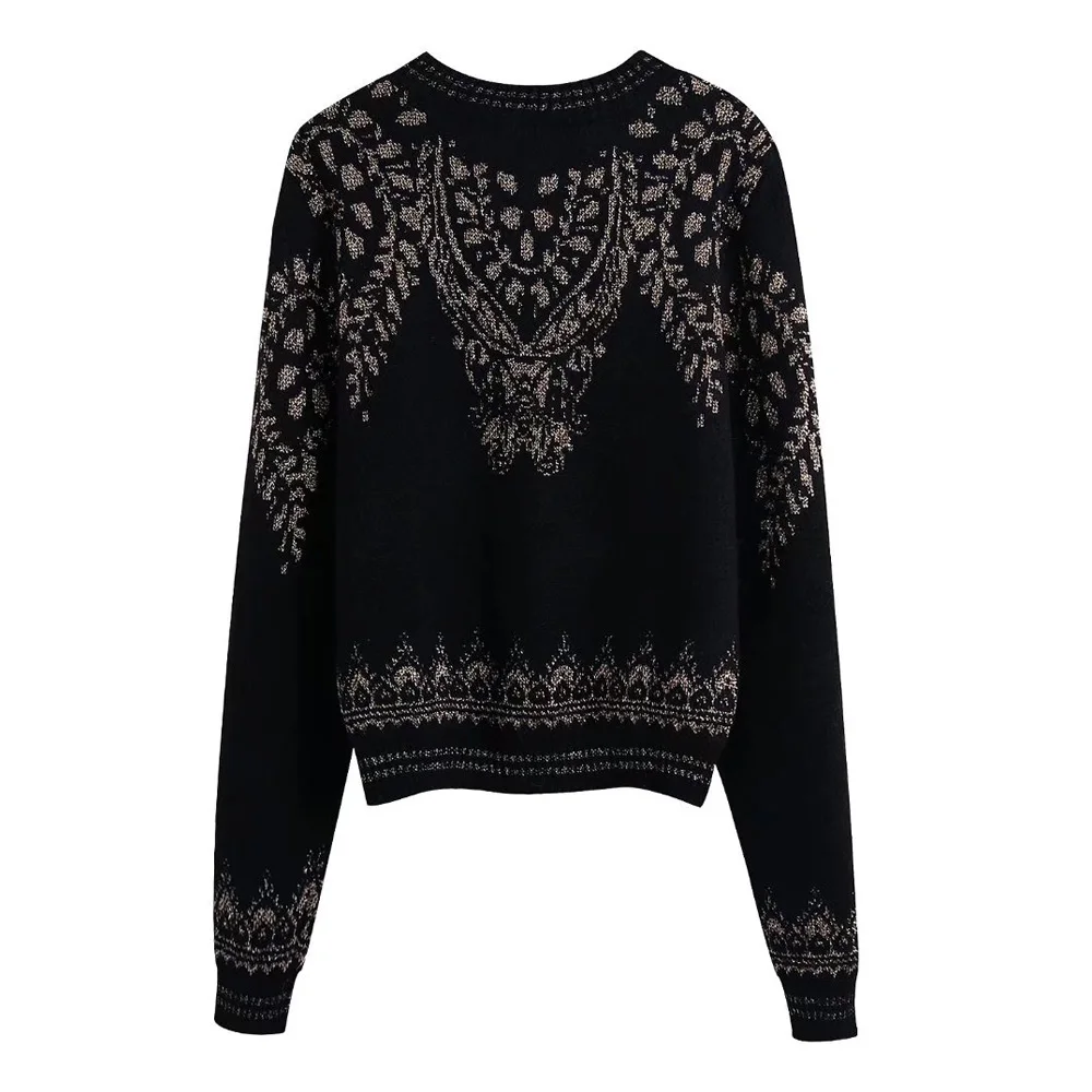 KPYTOMOA Women Fashion Metallic Thread Jacquard Knit Sweater Vintage O Neck Long Sleeve Pullovers Chic Tops sweater hoodie