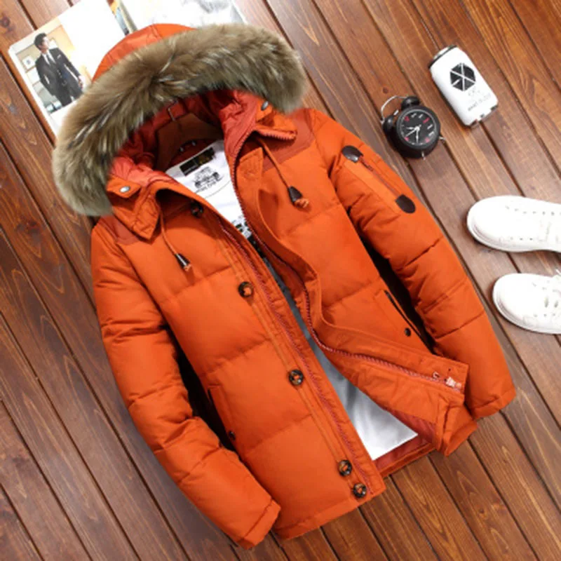 Брендовая зимняя куртка для мужчин, белый утиный пух, парка, куртка, Мужская Толстая теплая зимняя парка, куртка, пальто, ветровка с капюшоном, теплые парки - Цвет: Оранжевый