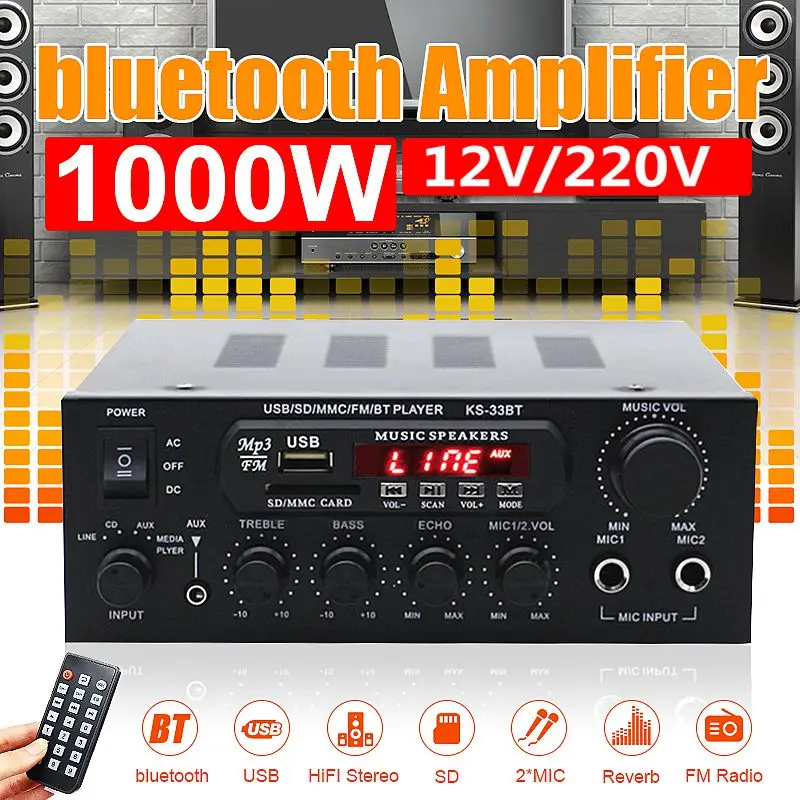 1000W Home Amplifiers Audio Bass Audio Power Bluetooth Digital Amplifier Hifi FM USB SD LED for Subwoofer Speakers 110V 220V 