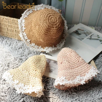 

Bear Learder Kids Girls Hats 2020 New Fashion Summer Breathable Straw Caps Flowers Children's Wear Sunhat Kids Cute Baby Hats