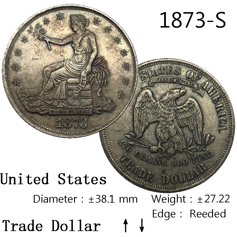 United States Of America 1873 S Trade 1 One Dollar US Liberty In God We Trust With Motto 90% Silver Copy Coin Reeded Edge | Дом и сад