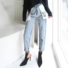 Высокая талия хлопок корейский Синий мама джинсы женские брюки осень зима письмо карман джинсы для женщин в стиле бойфренд женские