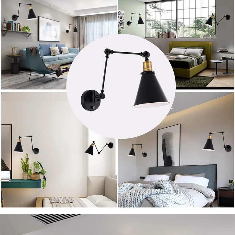 outdoor wall lights Retro Gold Rocker Wall Lights For Hotel Aisle Bedroom Bedside Decor  Iron Wall Lamp With Eu/Us Plug Industrial Wall Lamps E27 plug in wall lights