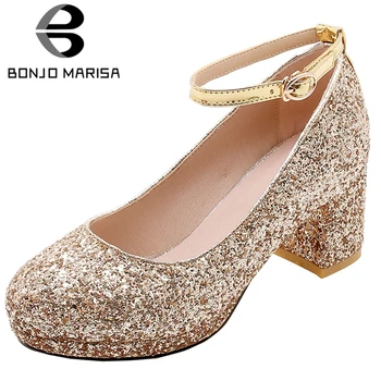 

BONJOMARISA Fashion Female Spring Pumps Round Toe Bling Party Dress Sandals Women High Heel Ankle Strap Consise Shoes Woman