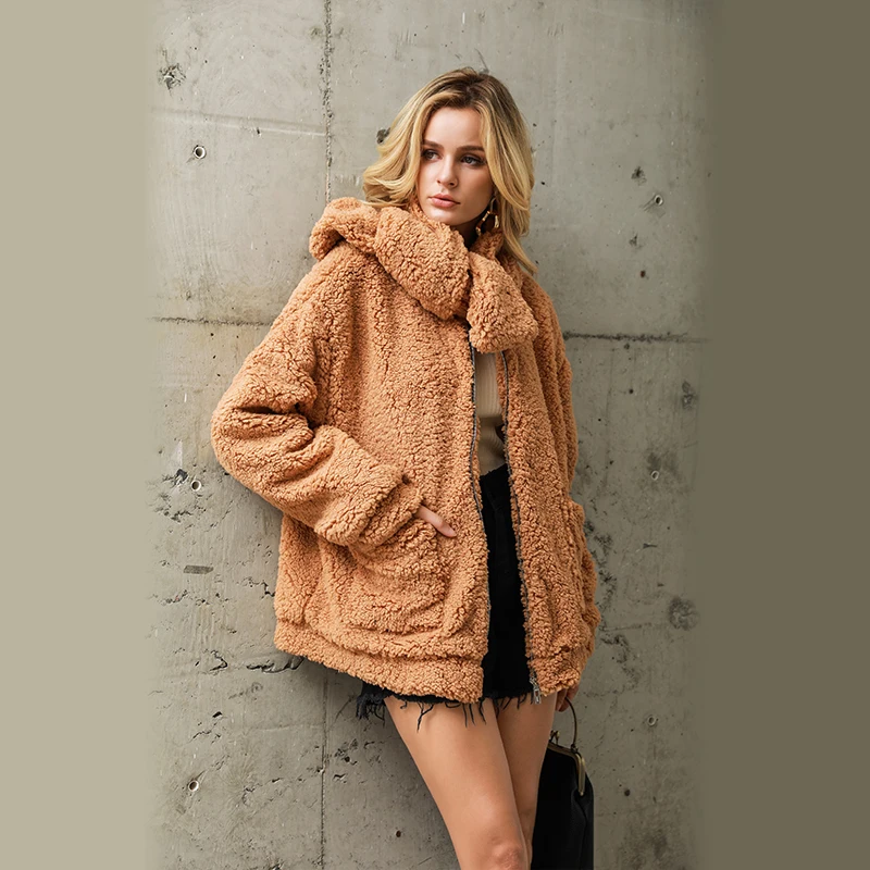 Winter Women Fluff Elegant Faux Fur Coat With Scarf Zipper Pocket Jackets Autumn Warm Soft Faux Fur Jacket Female Plush Overcoat