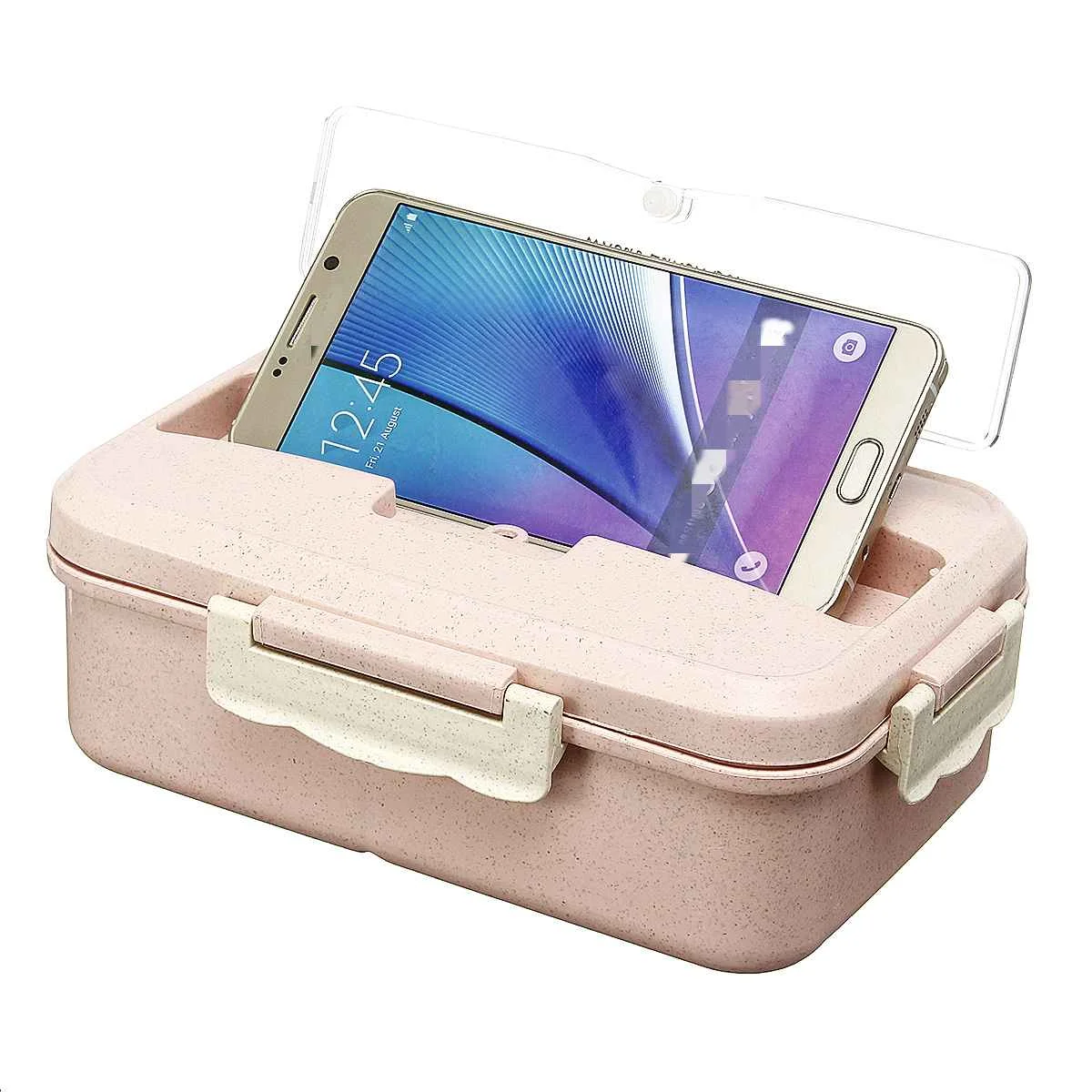Lunch Box With Fork Spoon Dinnerware Food Storage Wheat Straw Microwave Container School Office Portable Bento Box Phone Holder