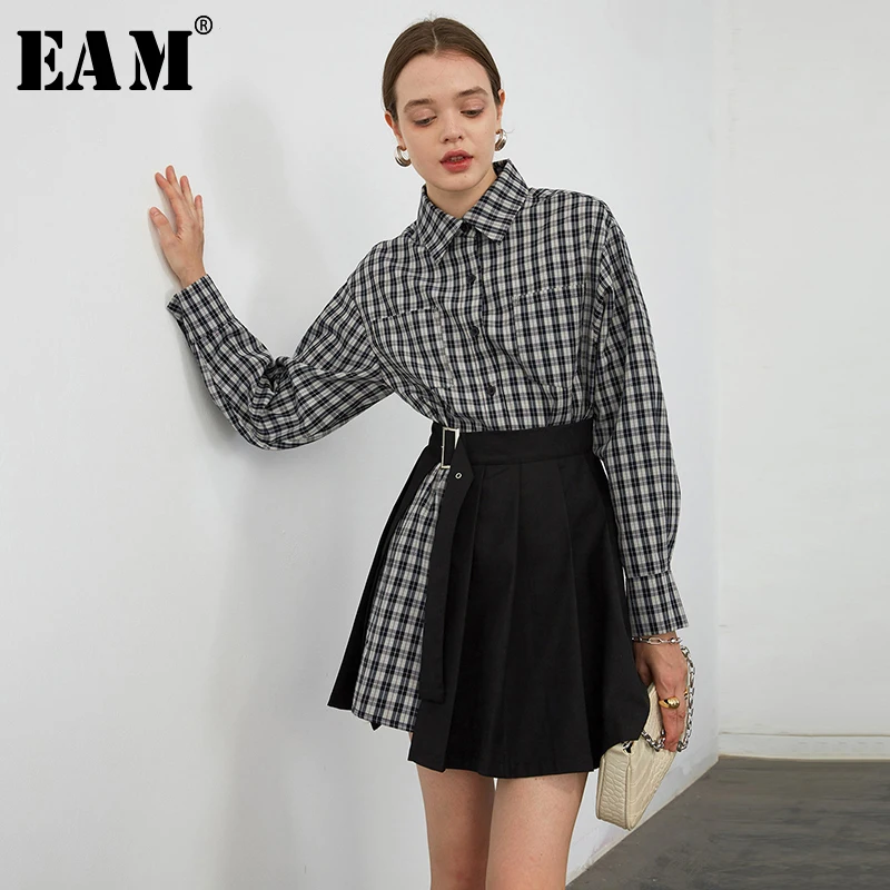 [EAM] Women Black Plaid Split Big Size Pleated Dress New Lapel Long Sleeve Loose Fit Fashion Tide Spring Autumn 2021 1Y759 | Женская