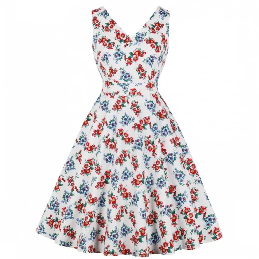 

Women Summer Floral Cotton Dress 50s Vintage Casual Elegant Print V Neck Party Work Office Dress Retro Rockabilly Vestidos