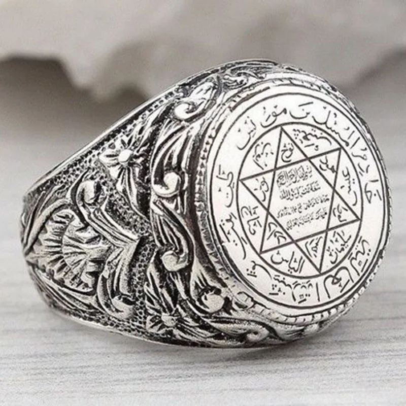

Men's Hip Hop Antique Silver Carved Arabic Pentagram Star Pattern Knuckle Rings Punk Jewelry Rock Cool Masculine Gifts Z4M396