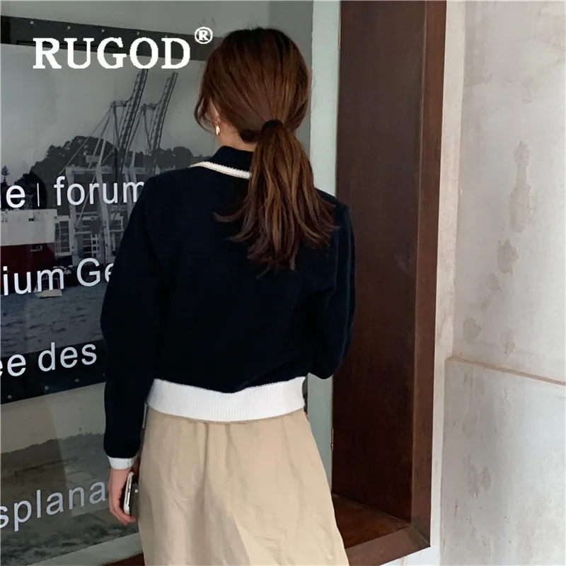 RUGOD women's sweater cardigans turn down collar single breasted long sleeve patchuwork knit coat fashion female elegant