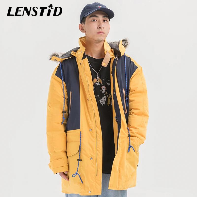 LENSTID Mew хип-хоп с меховым капюшоном Длинные теплые стеганые куртки зимняя мужская парка ветровка с капюшоном уличная Harajuku верхняя одежда пальто