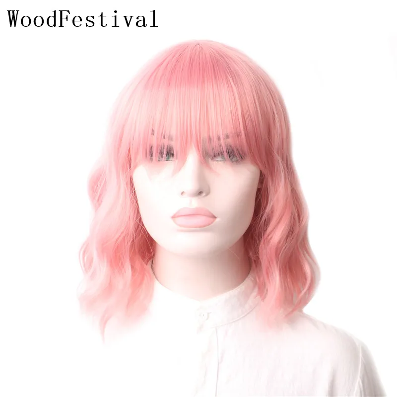 

WoodFestival Womens Short Pink Wig with bangs Wavy Cosplay Women Heat Resistant Female Ladyes Bob Women's Wigs Synthetic Hair