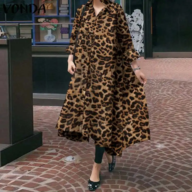 

Bohemian Sundress 2020 VONDA Women Casual Long Sleeve Vintage Leopard Print Shirt Dress Loose Autumn Irregular Party Vestidos