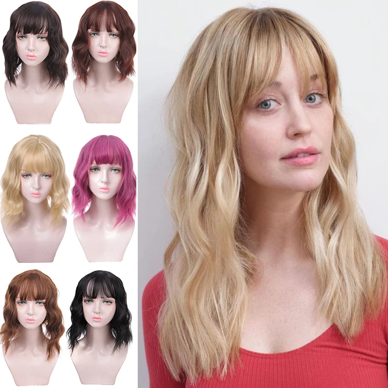 

DIANQI Water wave Synthetic Wig Short Purple Hair Wigs with Bangs for Women Fake Hair Black Brown Cosplay Heat Resistant Wigs