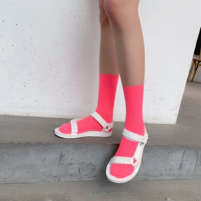 Summer Autumn Cool Girl Solid Women Socks Fluorescent Color Ladies Students Casual Colorful Blue Pink Yellow Mid Hip Hop Socks